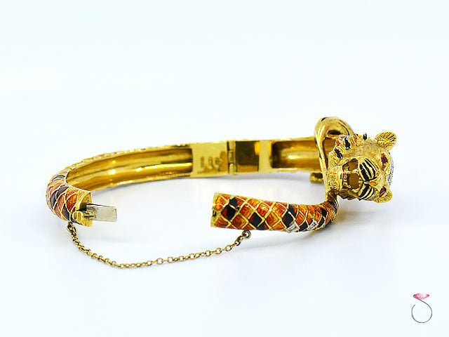 Vintage Italian Tige Enamel Diamond Bangle Bracelet, 18K Yellow Gold