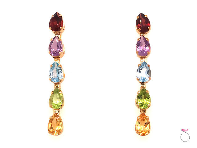 Gemstone Dangling Earrings, Garnet, Amethyst, Topaz, Peridot & Cetrine. 14K Gold