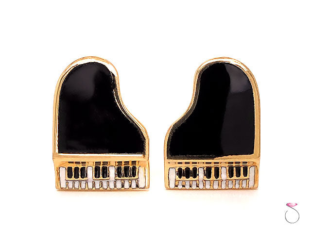 Vintage Black & White Enamel Piano Cufflinks in 14K Yellow Gold