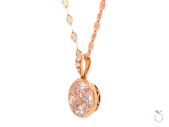 Designer Round Pizza Cut Diamond Pendant in 18k Rose Gold With Chain, 1.45 Carat