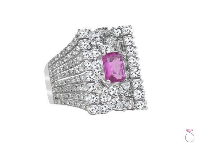 Emerald Cut Pink Sapphire Diamond Ring in 18K White gold