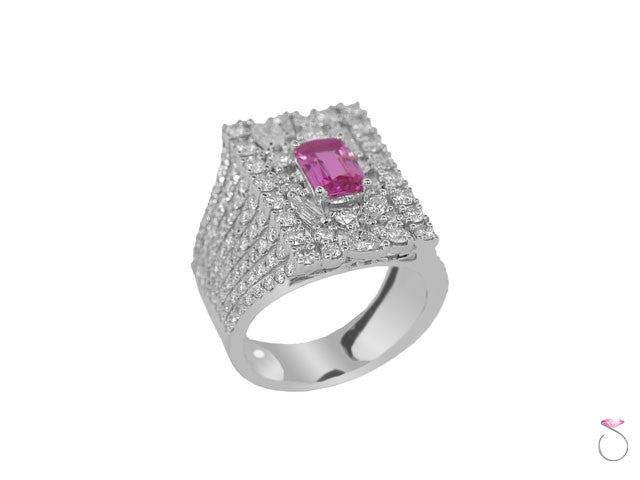 Engagement Ring, Emerald Cut Pink Sapphire Diamond Ring in 18K