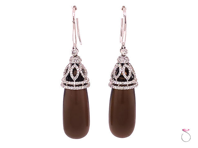 Designer Diamond & Smoky Quartz Large Drop Earrings, 18K White Gold