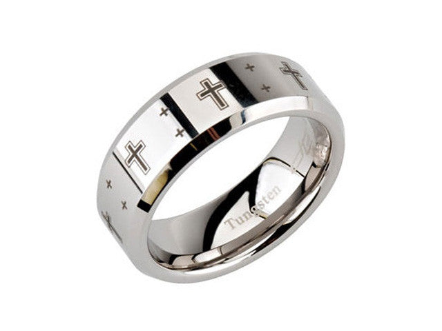 Tungsten 8.3mm Beveled Band with Black Laser Crosses,Tungsten Men Bands