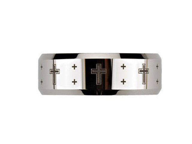 Tungsten 8.3mm Beveled Band with Black Laser Crosses