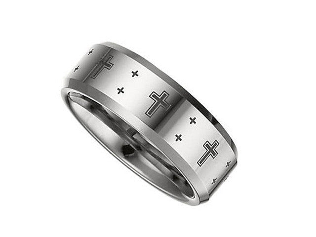 Tungsten 8.3mm Beveled Band with Black Laser Crosses