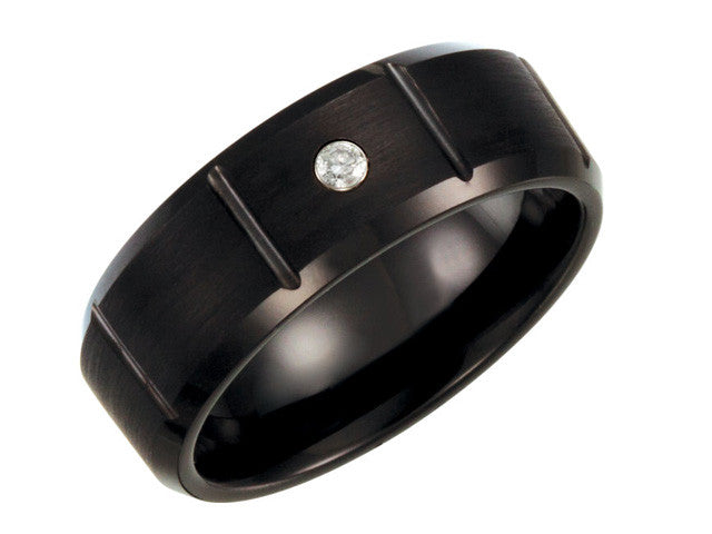 Tungsten with Black PVD .05CTW Diamond 8.3mm Satin Finish Grooved Band,Tungsten Men Bands