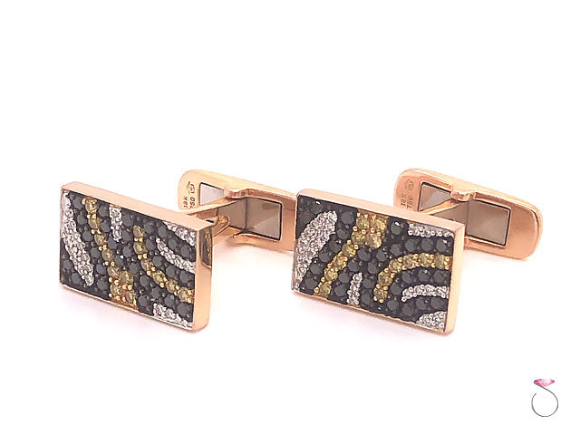 Tiger Print Diamond Cufflinks in 18K Rose Gold, White, Yellow & Black Diamonds.