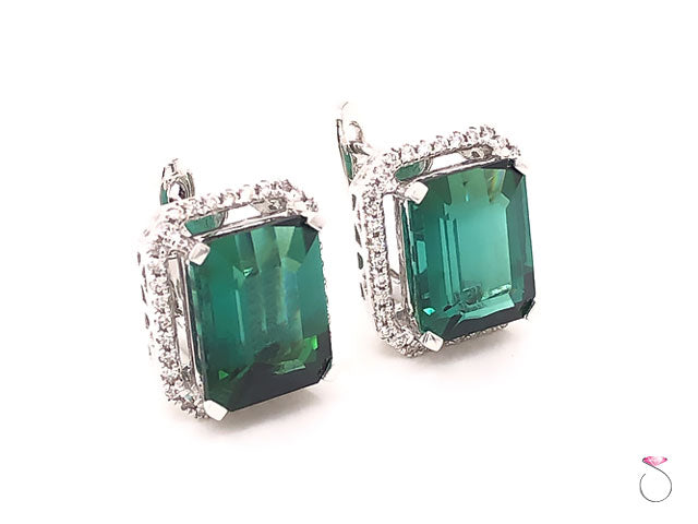 Designer Green Tourmaline Diamond Halo Earrings, 18k White Gold
