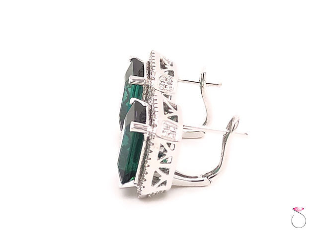 Designer Green Tourmaline Diamond Halo Earrings, 18k White Gold