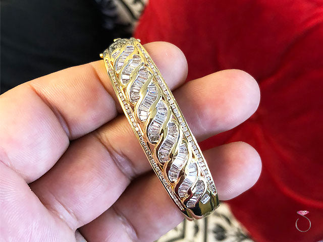 18K Yellow Gold Diamond Bangle Bracelet, Round & Baguette Diamonds 2.48 ctw.