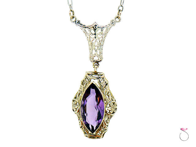 Art Deco Filigree Necklace With Marquise Cut Purple Amethyst in 14K White Gold