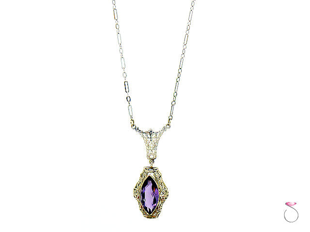 Art Deco Filigree Necklace With Marquise Cut Purple Amethyst in 14K White Gold