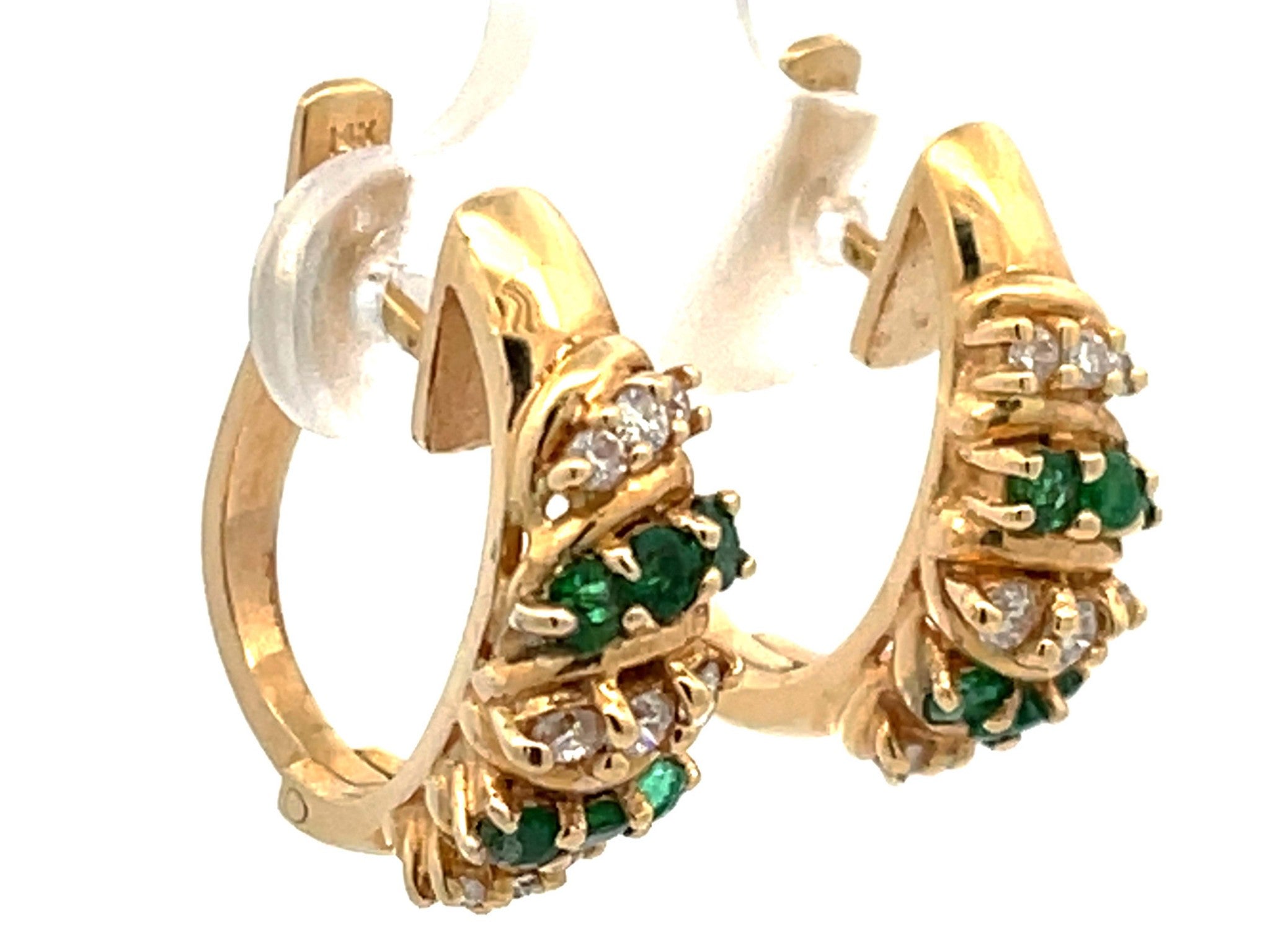 Emerald Diamond Huggie Earrings in 14k Yellow Gold