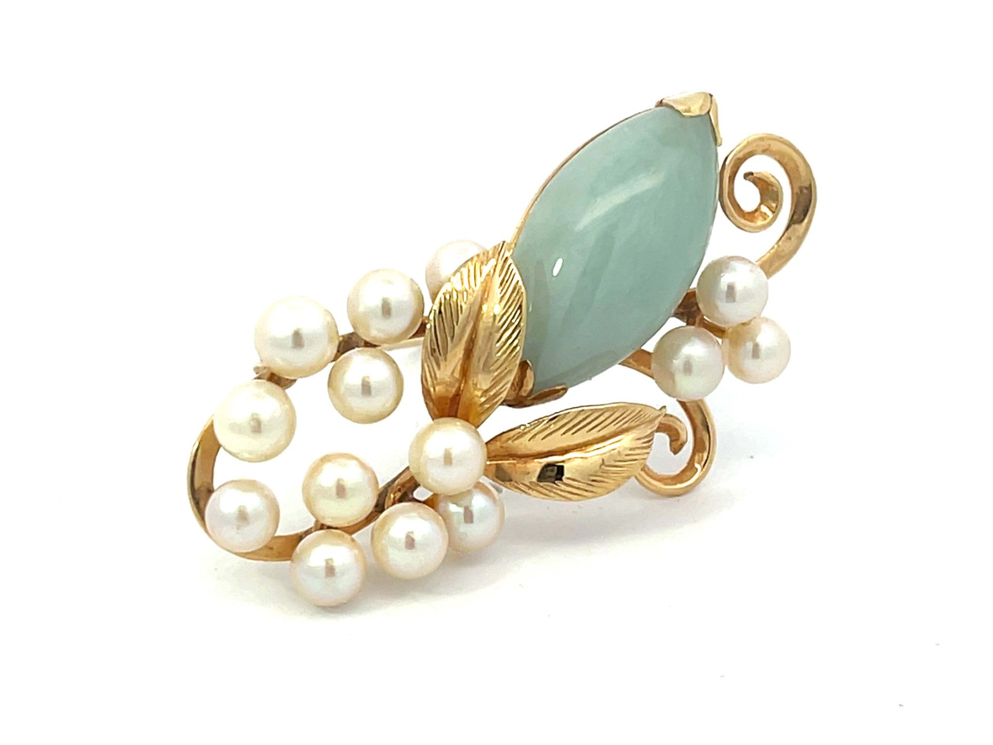 Mings Hawaii Jade and Pearl Leaf Branch Brooch in 14k Yellow Gold