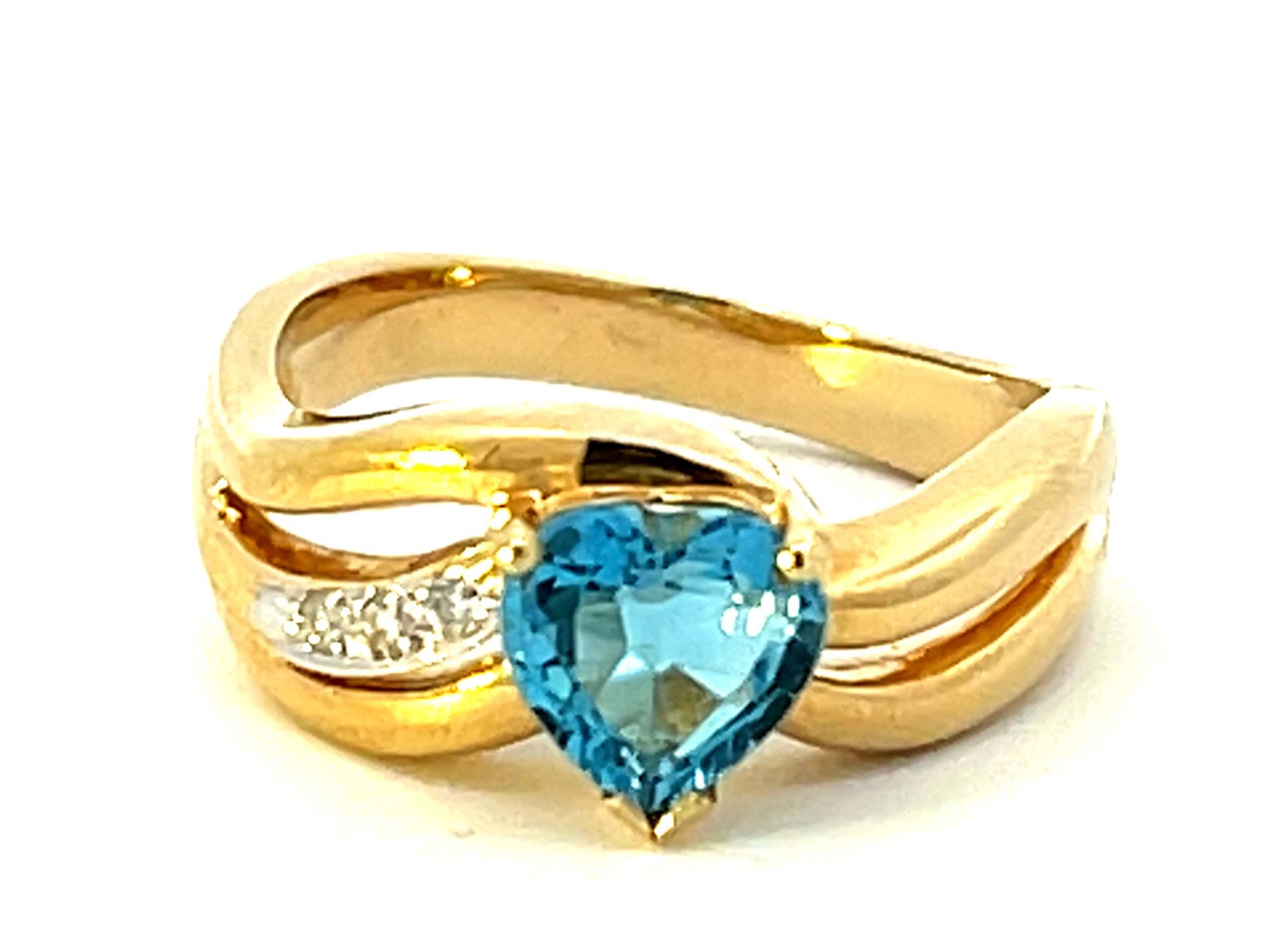 Heart Shaped Sky Blue Topaz and Diamond Ring in 14k Yellow Gold