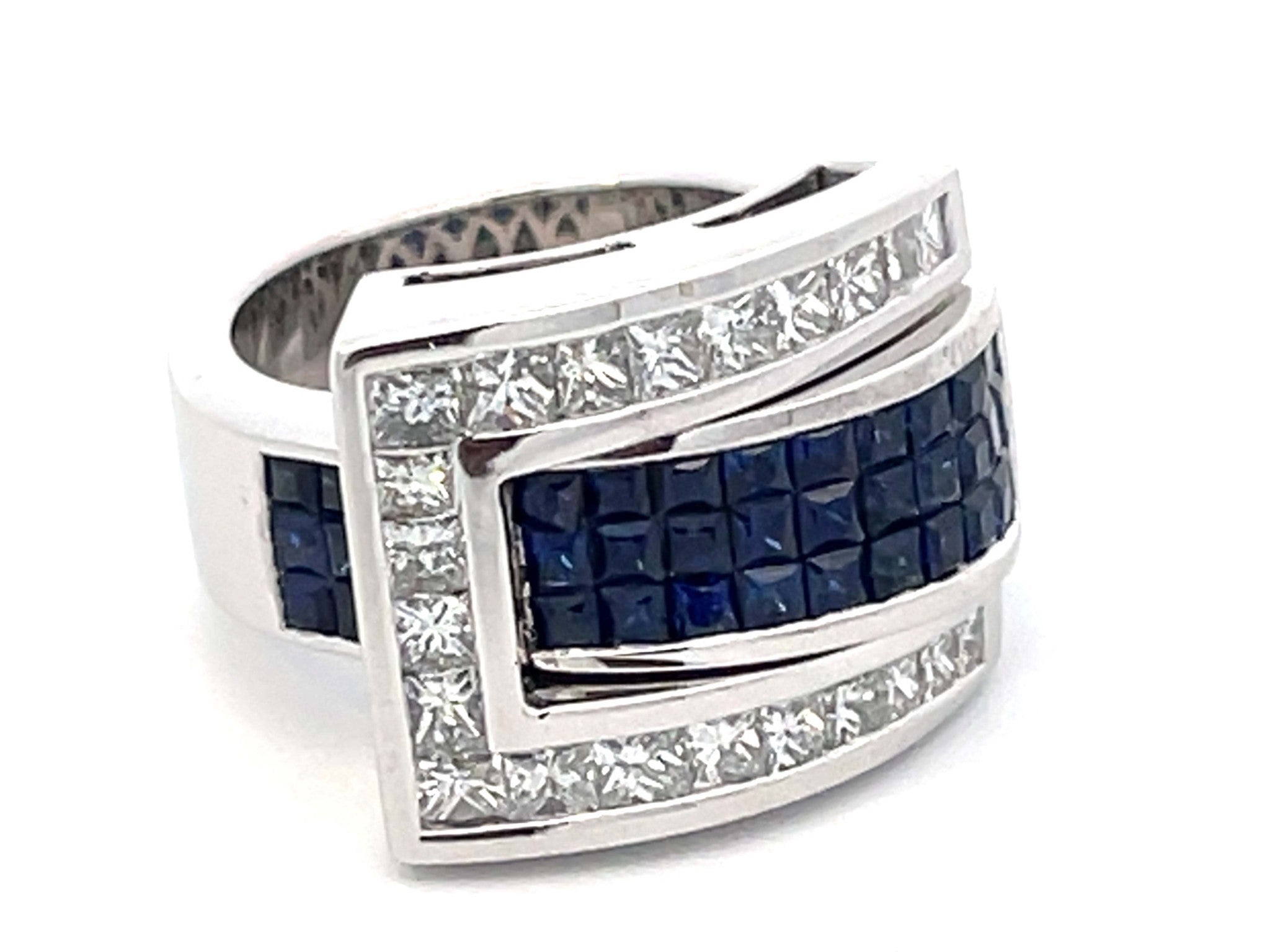 Diamond Sapphire Buckle Ring in 18k White Gold