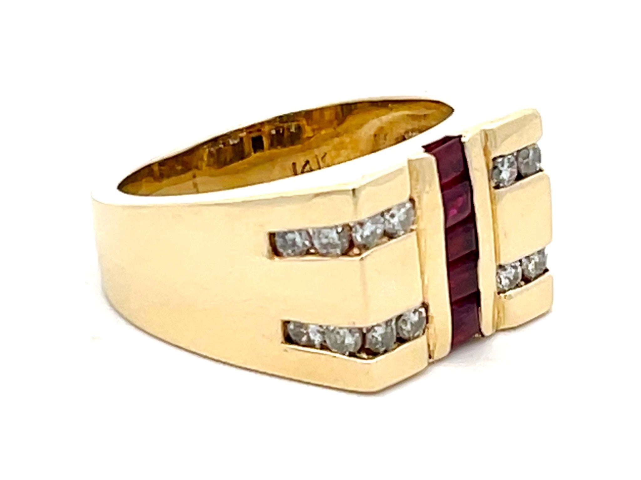 Mens Vintage Ruby Row Center and Diamond Side Rows Ring in 14k Yellow Gold