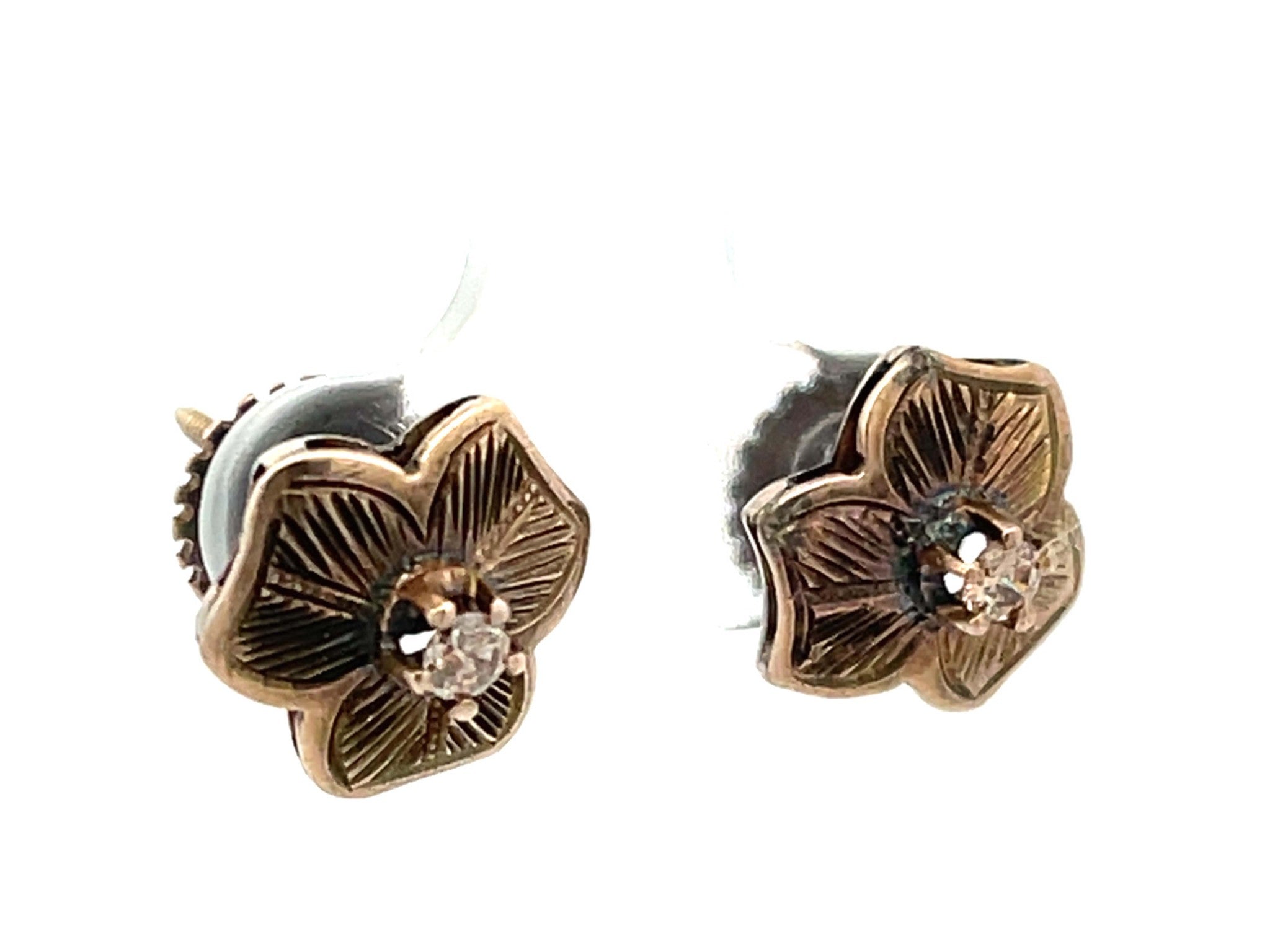 Victorian 3 Petal Floral Diamond Earrings in 14k Chocolate Gold