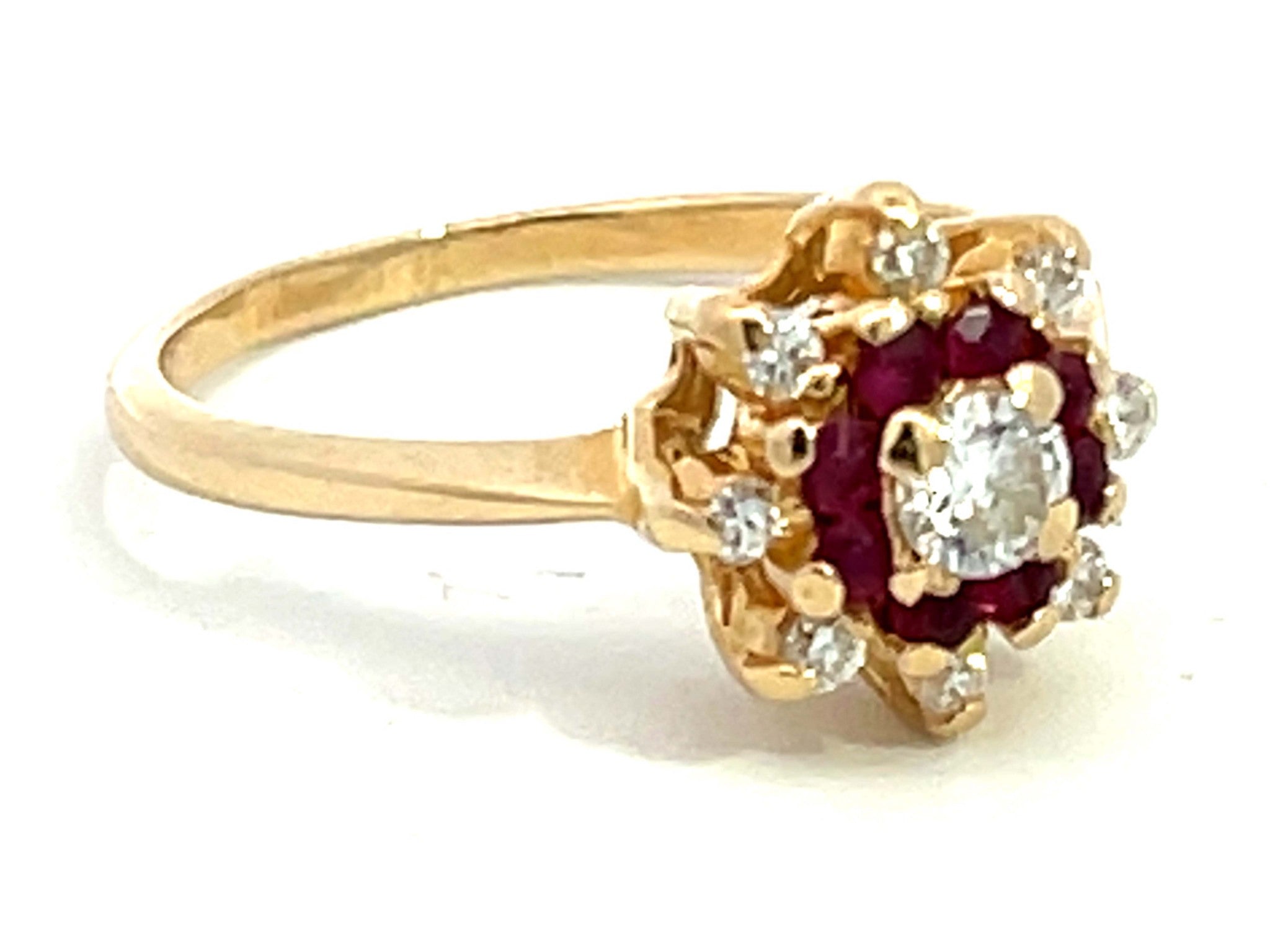 Diamond Ruby Halo Flower Ring in 14k Yellow Gold