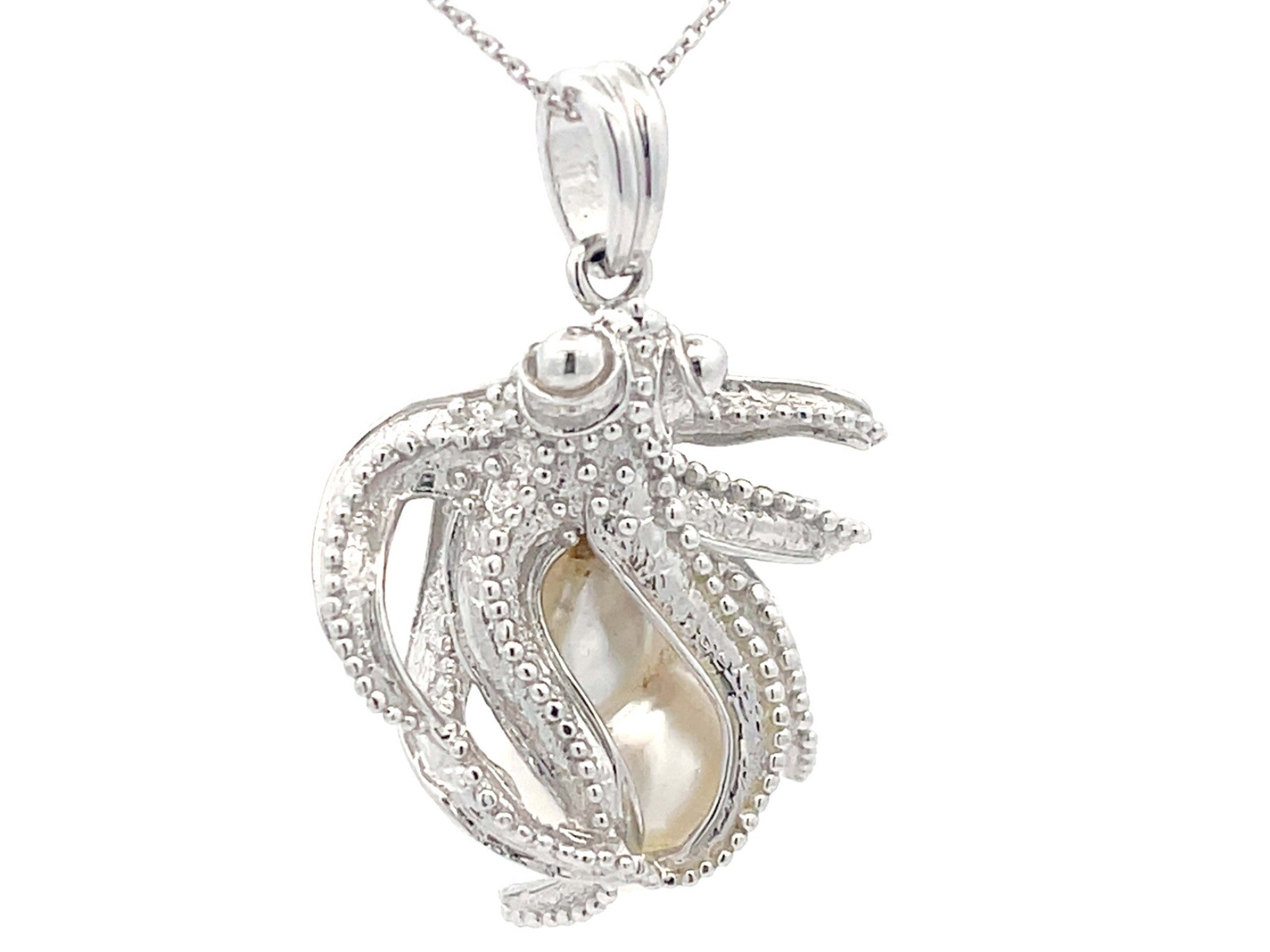 Assor Gioielli Octopus Baroque Pearl Pendant on Chain in 18k White Gold