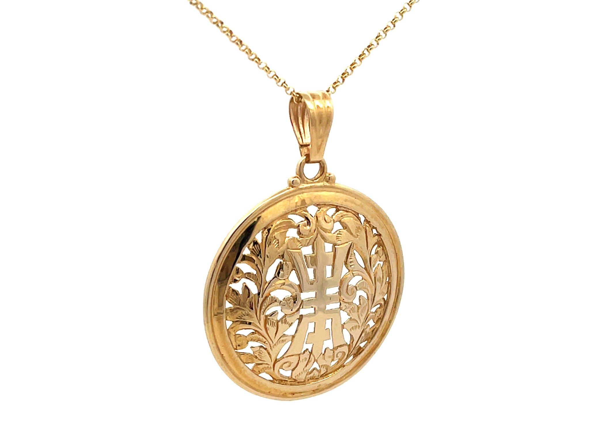 Mings Hawaii Long Life Round Pendant in 14k Yellow Gold with Chain