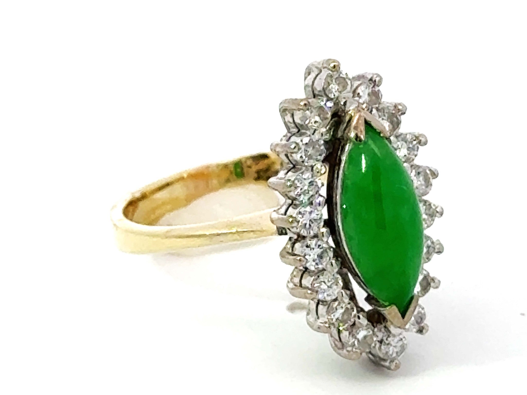 Marquise Green Jade Cabochon Diamond Halo Ring 14k Yellow Gold