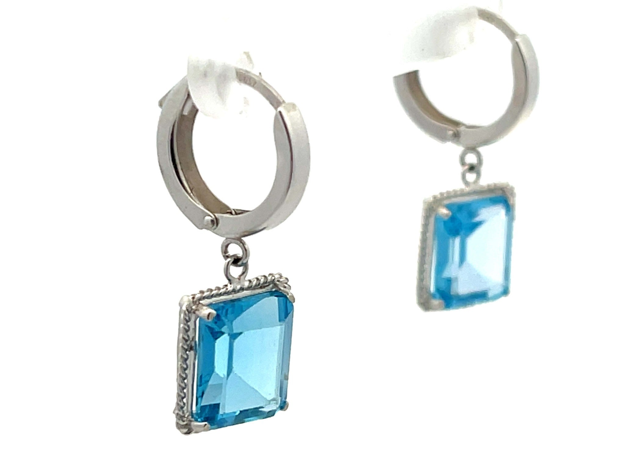 Blue Emerald Cut Topaz Drop Hoop Earrings in 14K White Gold