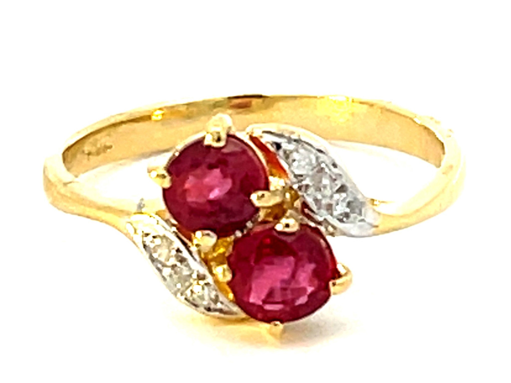 Double Red Ruby and Diamond Ring in 14k Yellow Gold