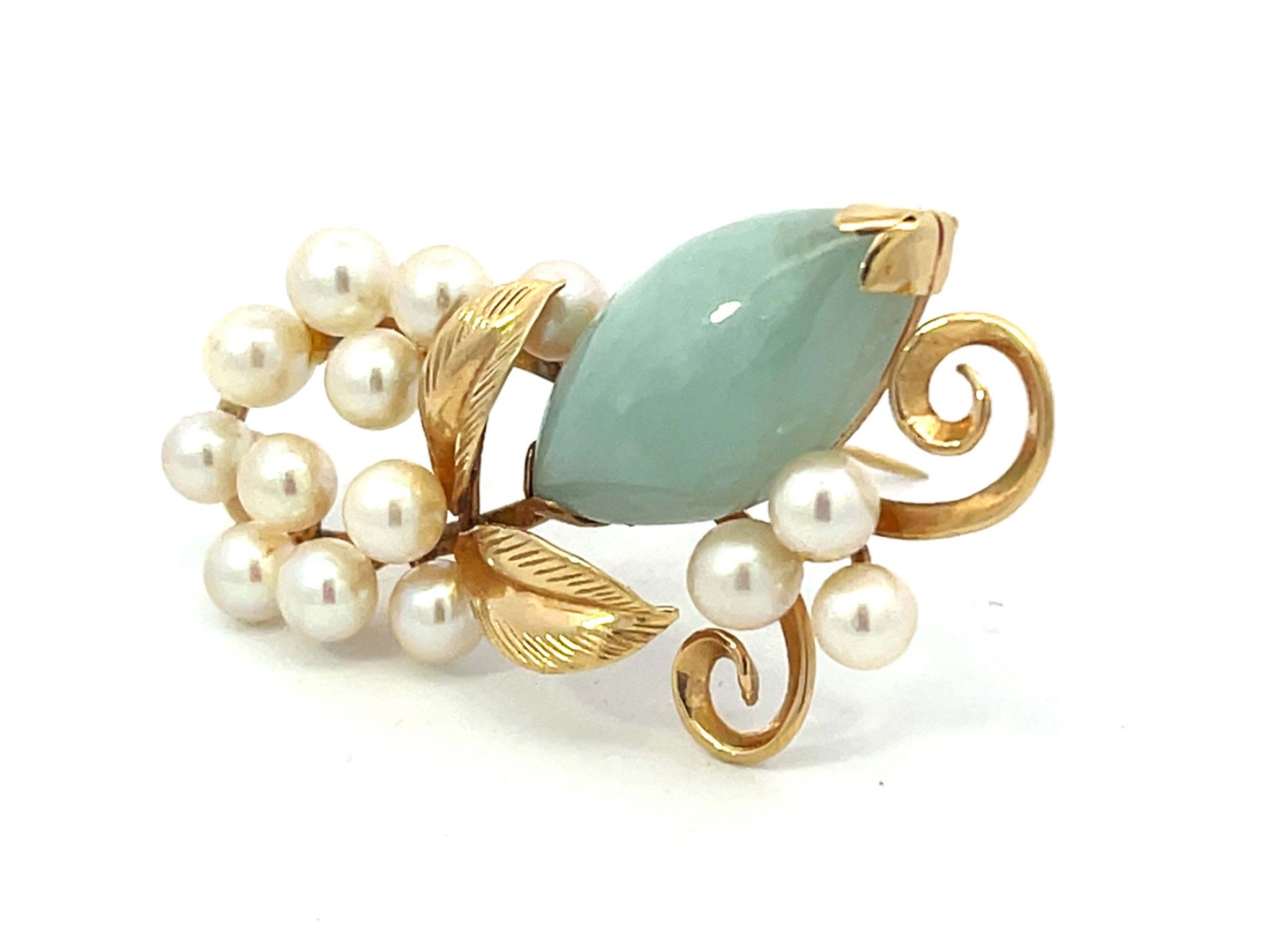 Mings Hawaii Jade and Pearl Leaf Branch Brooch in 14k Yellow Gold