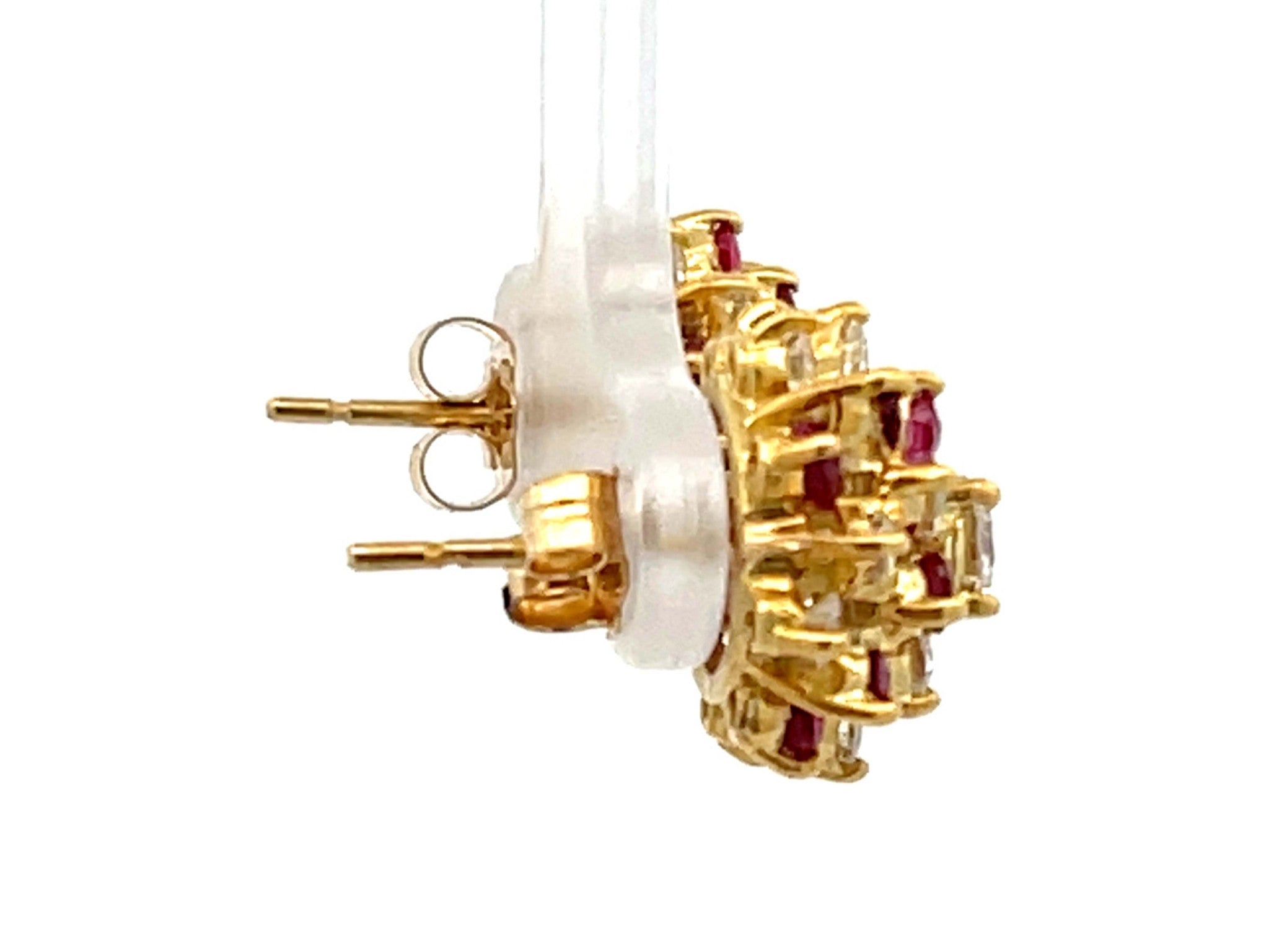 Ruby and Diamond Flower Earrings in 14k Yellow Gold