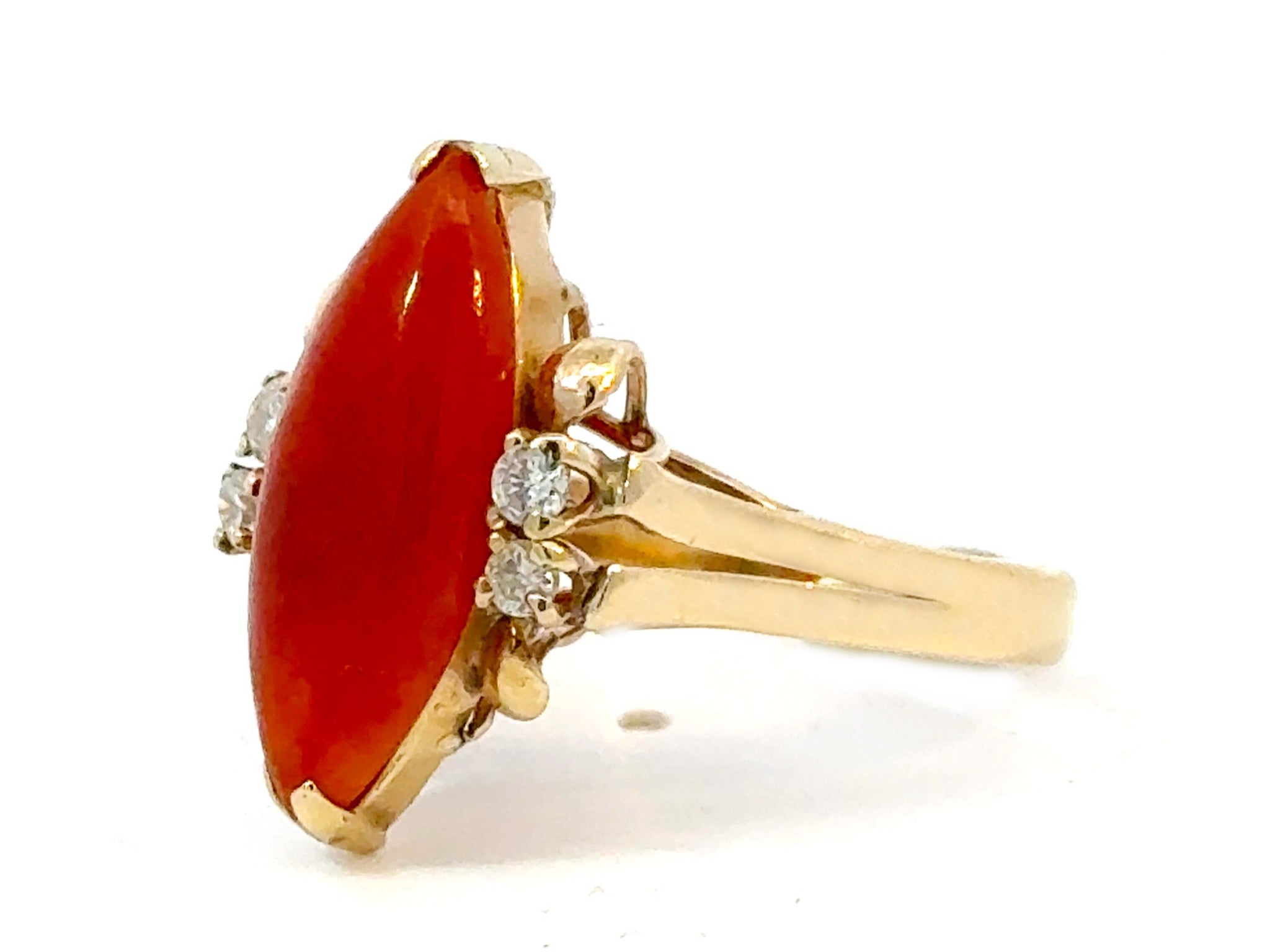 Marquise Red Jade Diamond Ring 14k Yellow Gold