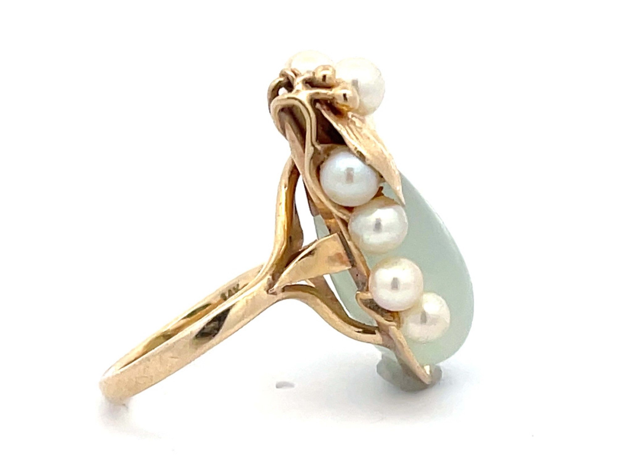 Mings Eggplant Shaped Jade and Pearl Leaf Ring in 14k Yellow Gold