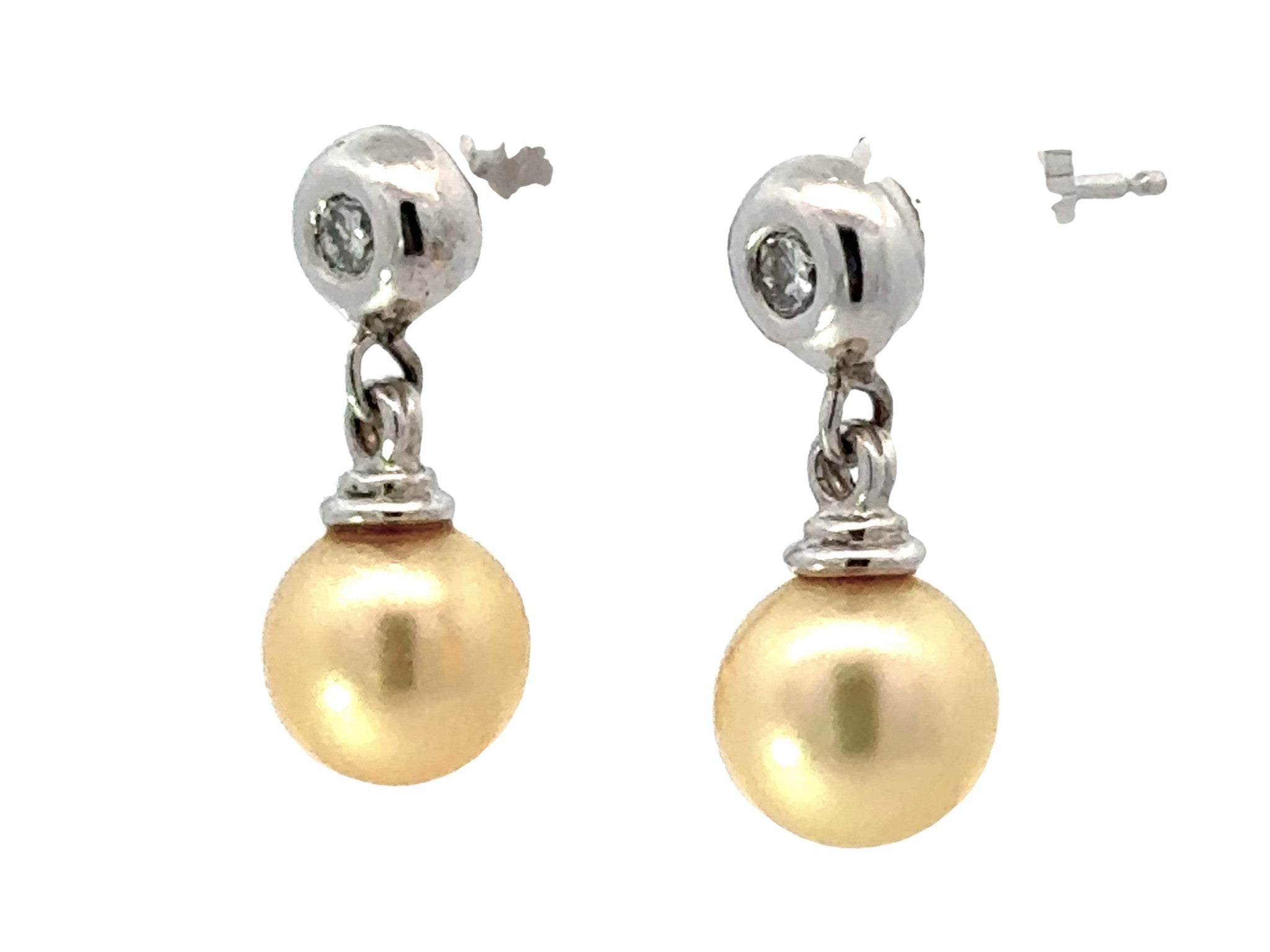 Diamond and Golden Pearl Drop Earrings 14K White Gold