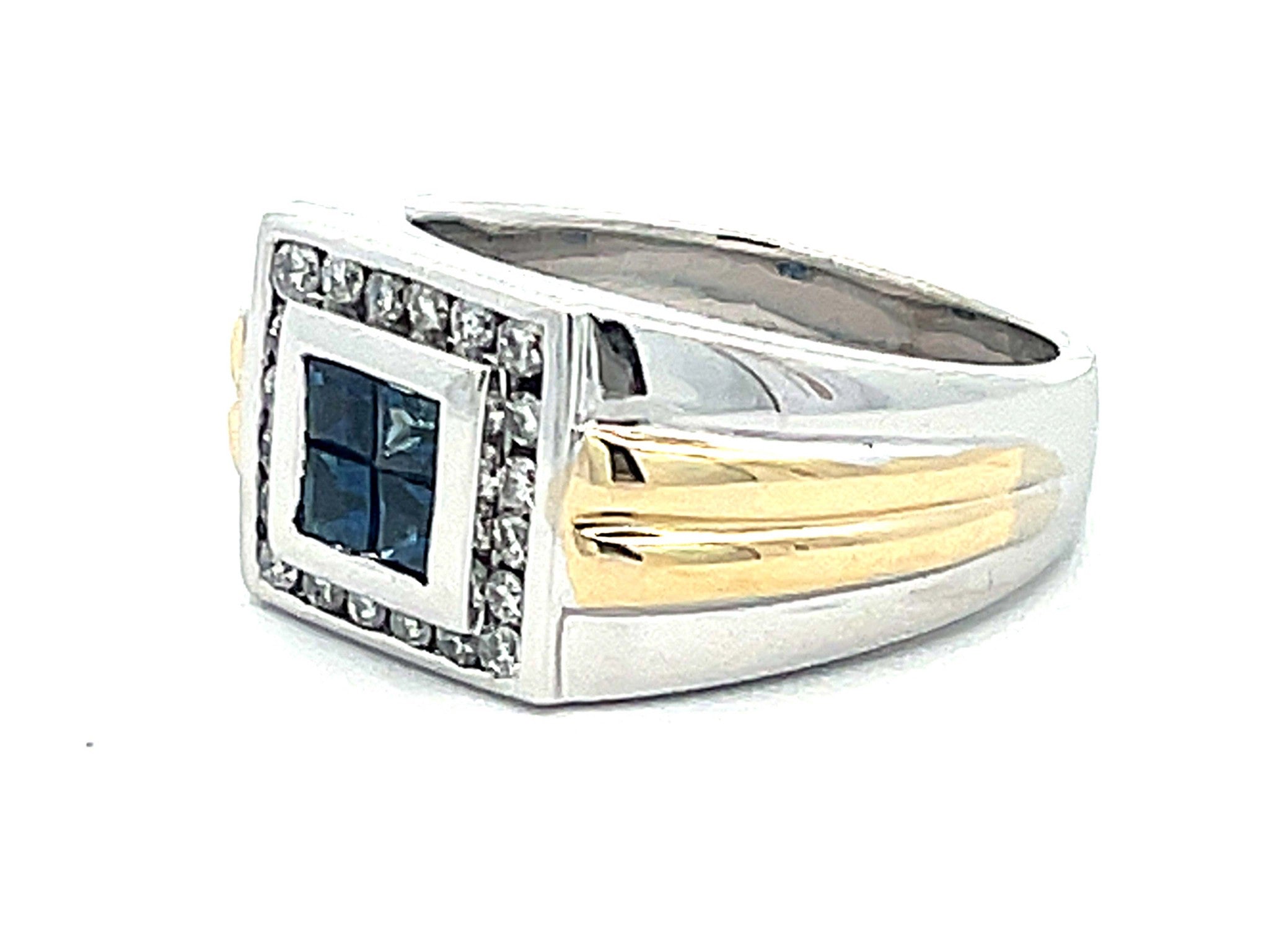 Mens Princess Cut 4 Sapphire Center and Diamond Halo Ring in 14k Gold