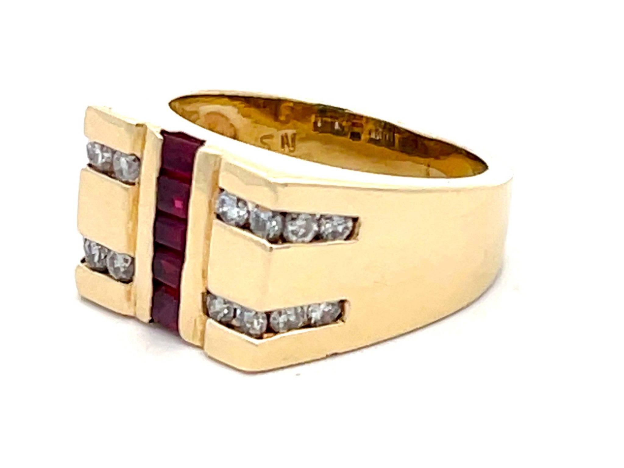 Mens Vintage Ruby Row Center and Diamond Side Rows Ring in 14k Yellow Gold