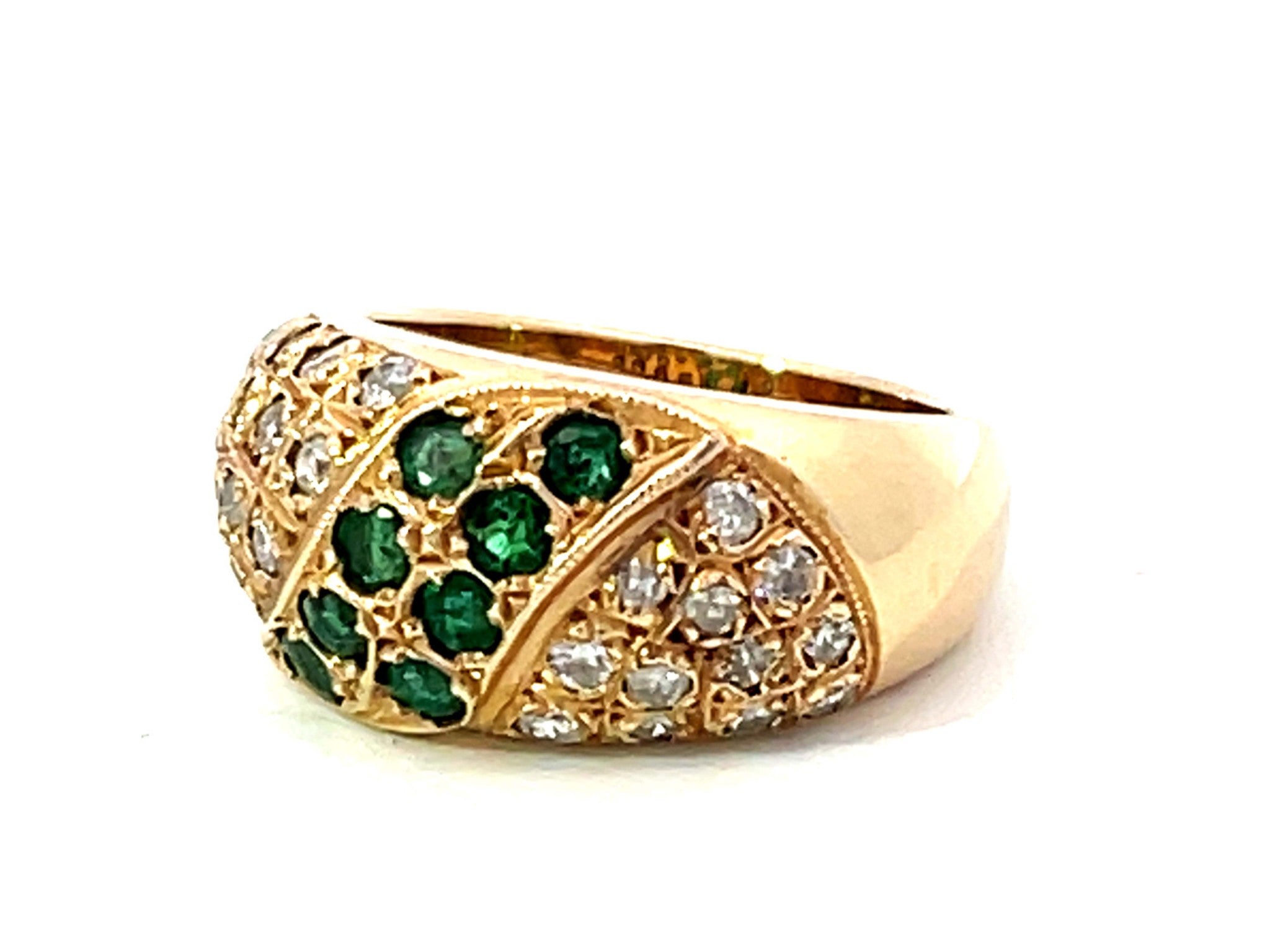 Green Emerald and Diamond Studded Dome Ring in 14k Yellow Gold