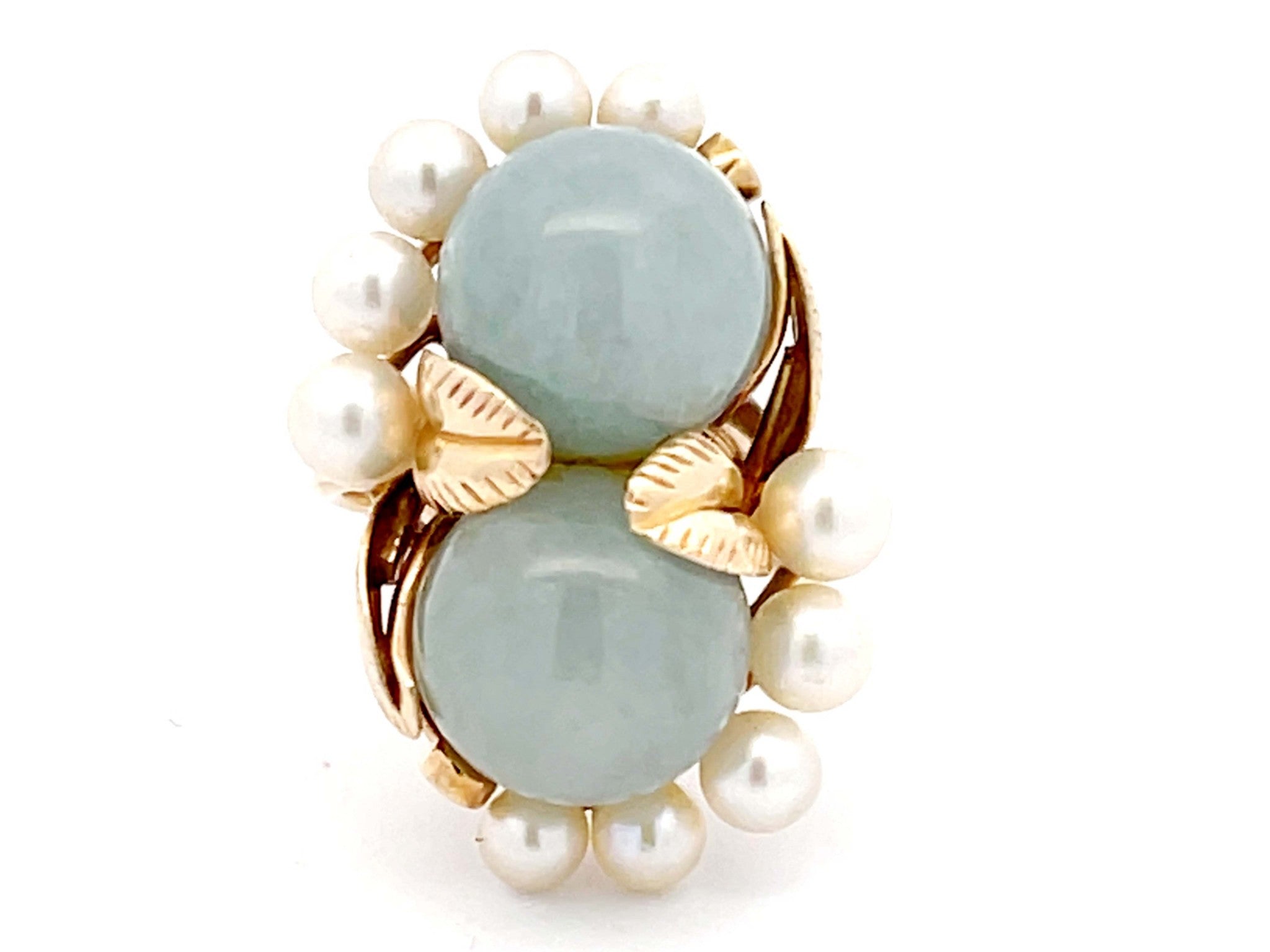 Mings Double Jade Ball and Pearl Leaf Design Ring in 14k Yellow Gold