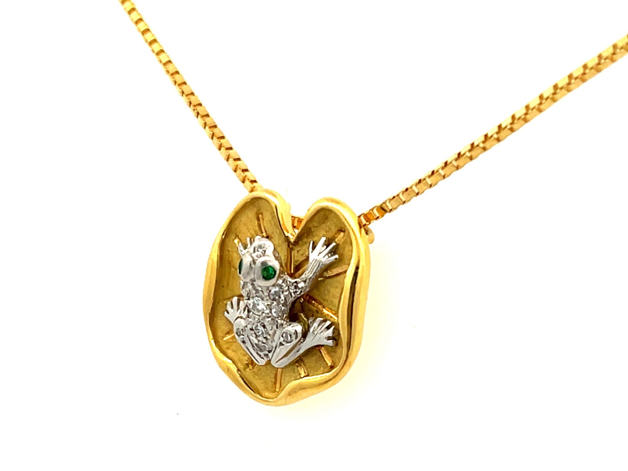 Emerald Eyes & Diamond Frog Necklace on Lily Pad in 18K Yellow Gold and Platinum