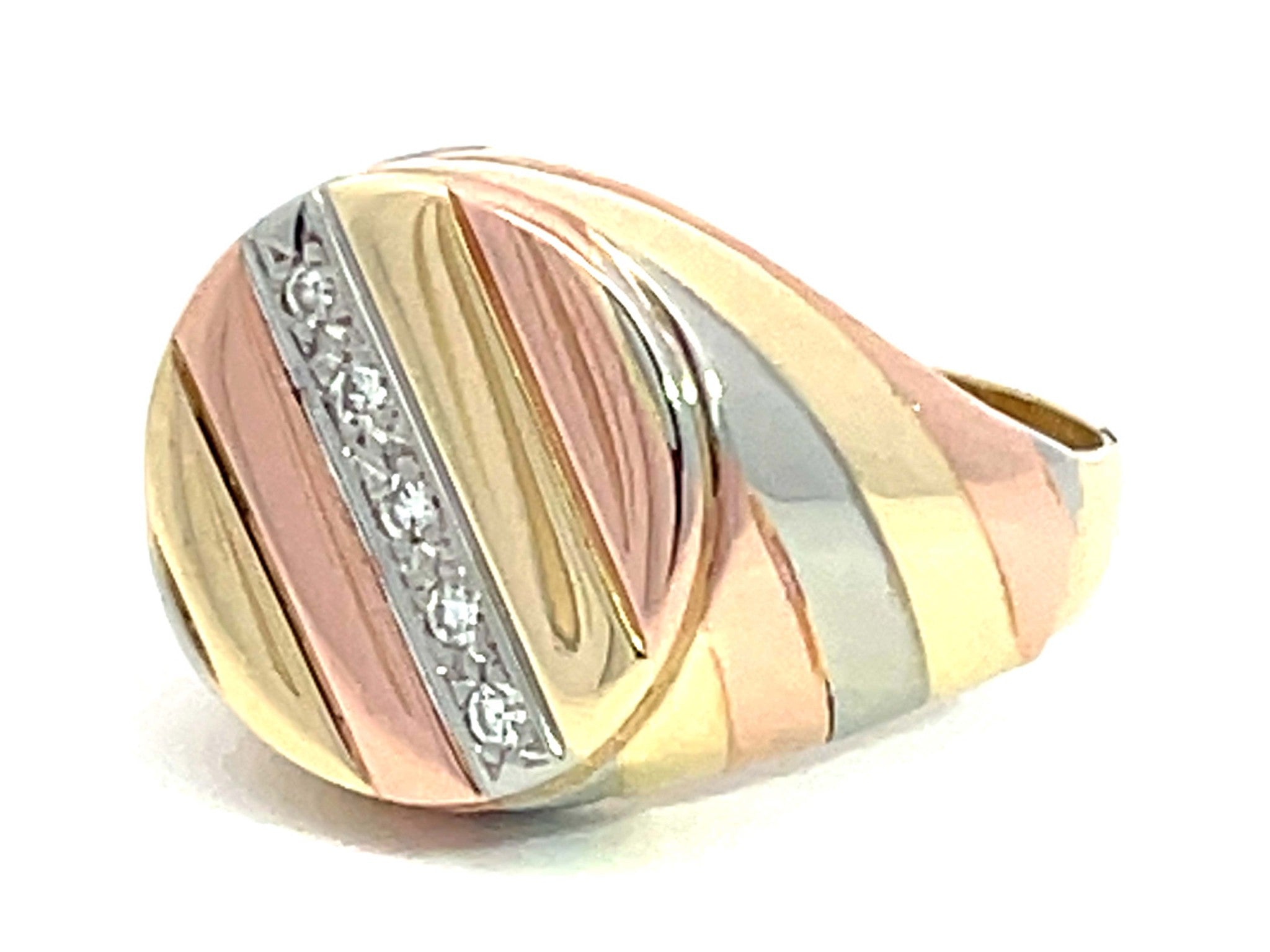 Yellow White and Rose Gold Diamond Signet Ring in 14k