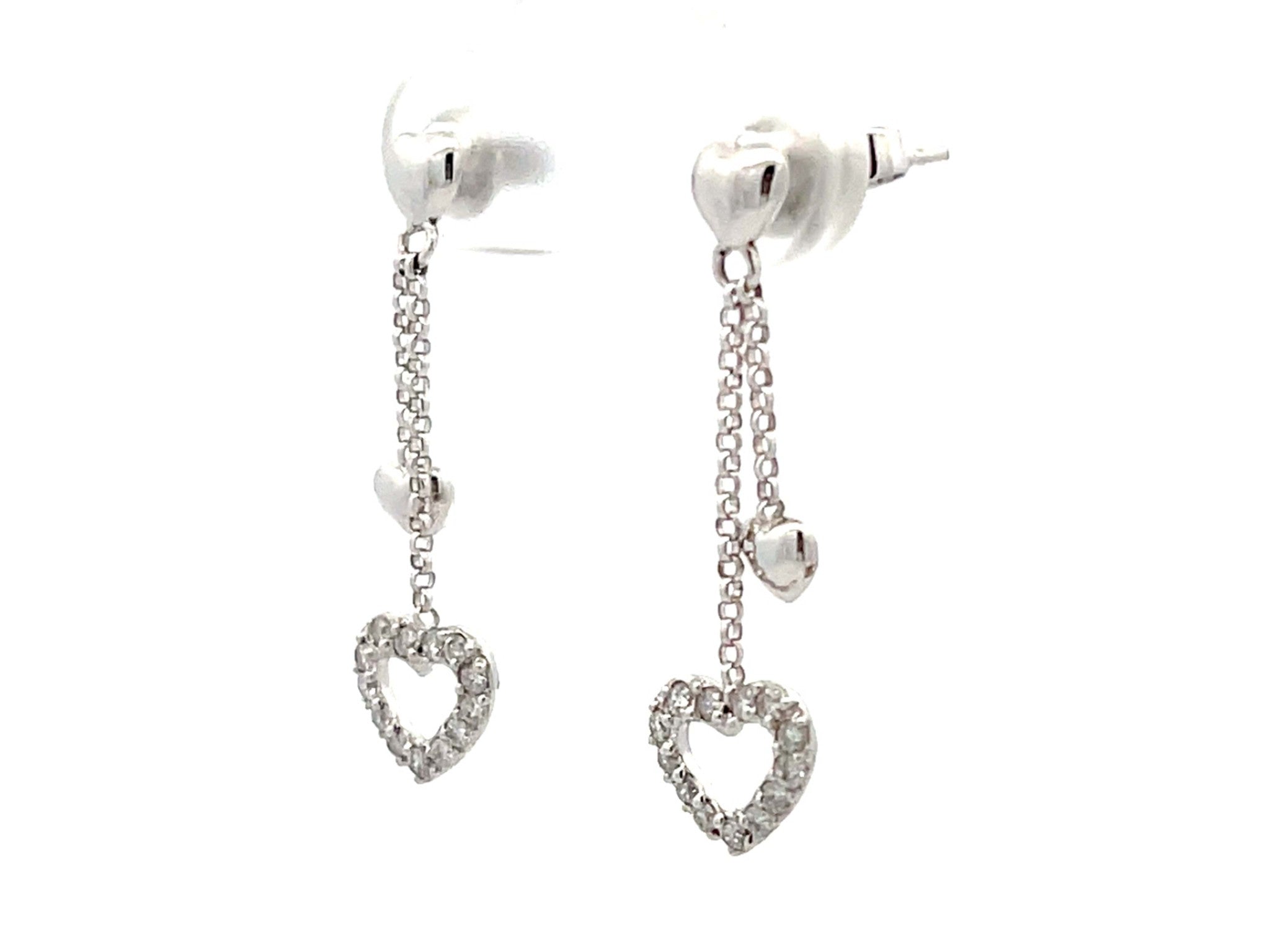Dangly Diamond Heart Solid White Gold Earrings