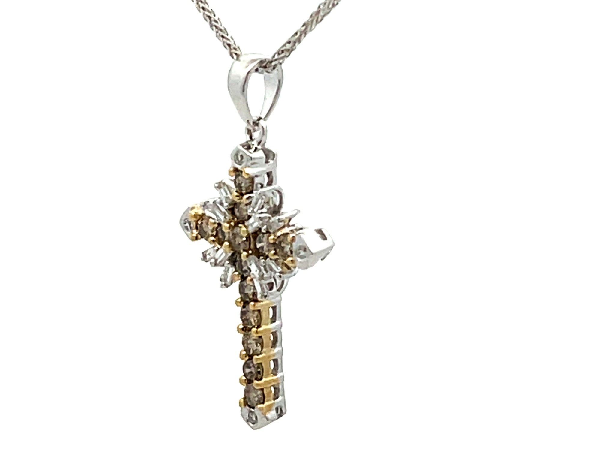 Champagne Diamond Cross Necklace 14k White Gold