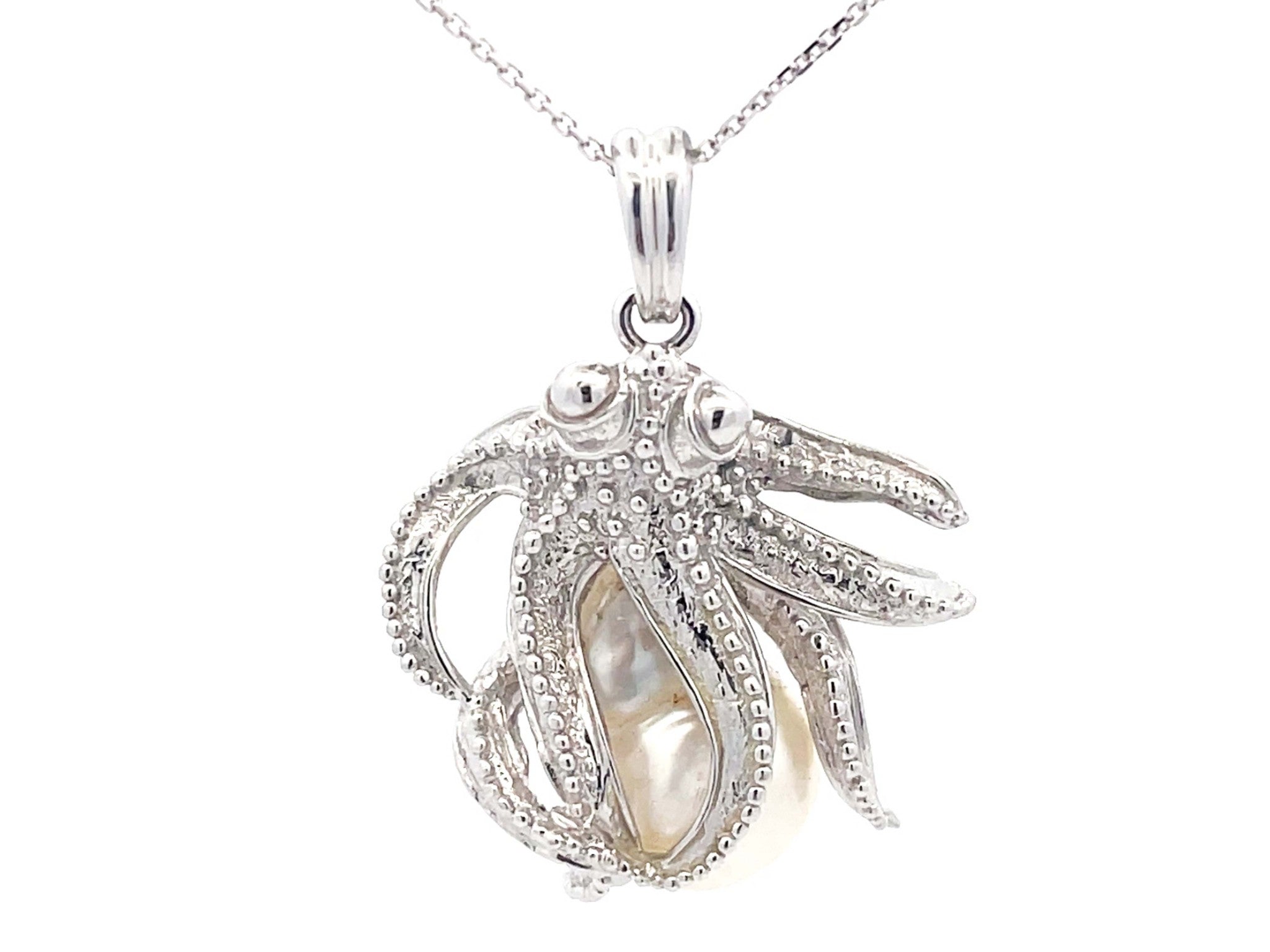 Assor Gioielli Octopus Baroque Pearl Pendant on Chain in 18k White Gold