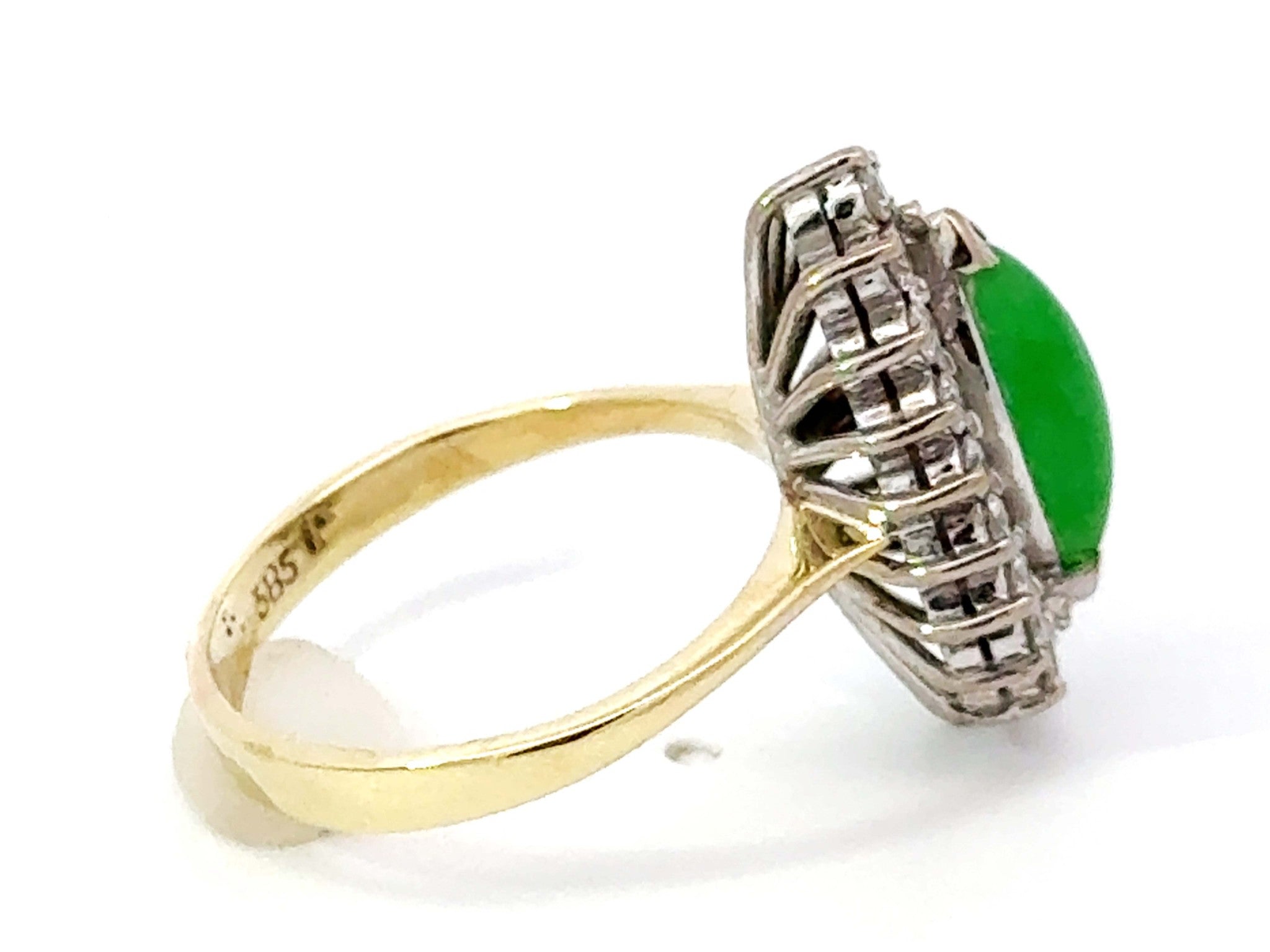 Marquise Green Jade Cabochon Diamond Halo Ring 14k Yellow Gold