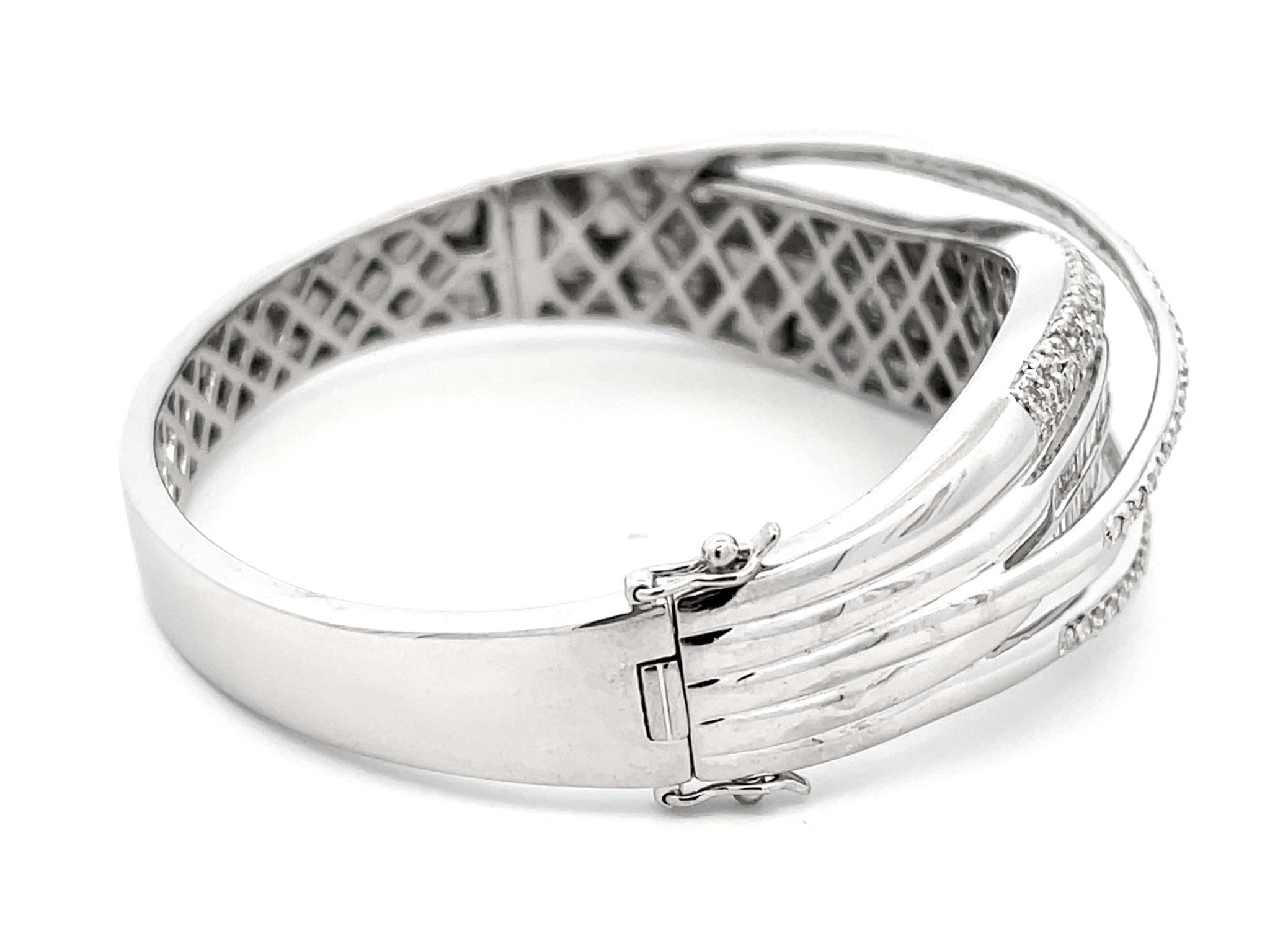 Baguette and Brilliant Cut Diamond Multi Row Hinged Bangle in 18k White Gold