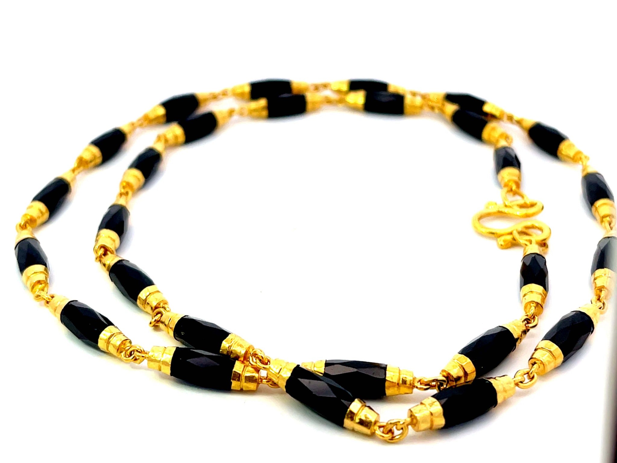 Faceted Black Onyx Gold Beaded Necklace 22k Yellow Gold