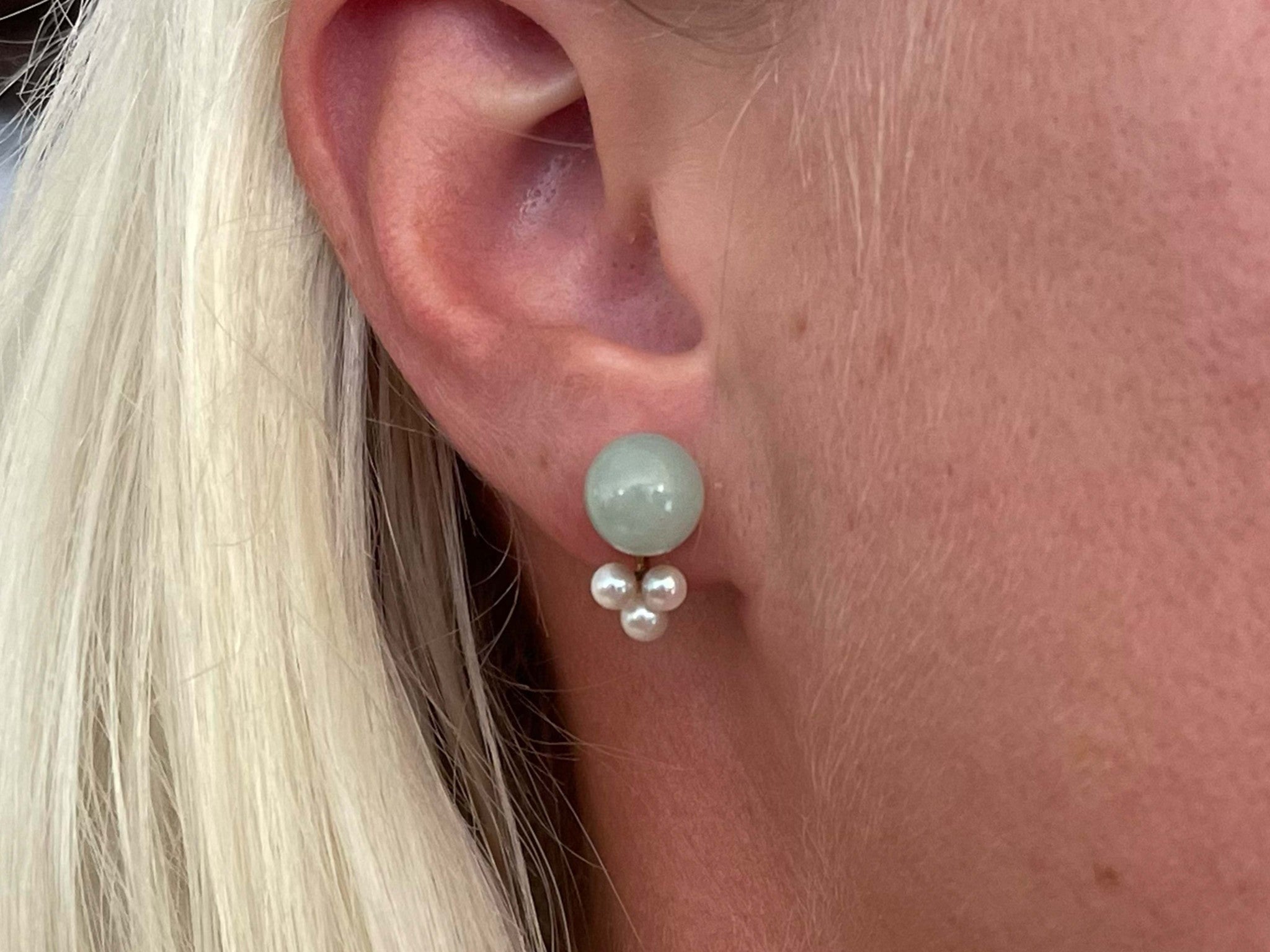 Mings Pale Green Jade Sphere and Pearl Screw Back Earrings for Non Pierced Ears