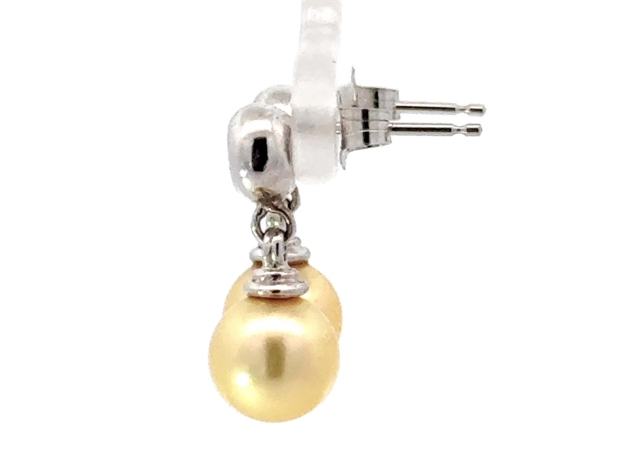 Diamond and Golden Pearl Drop Earrings 14K White Gold
