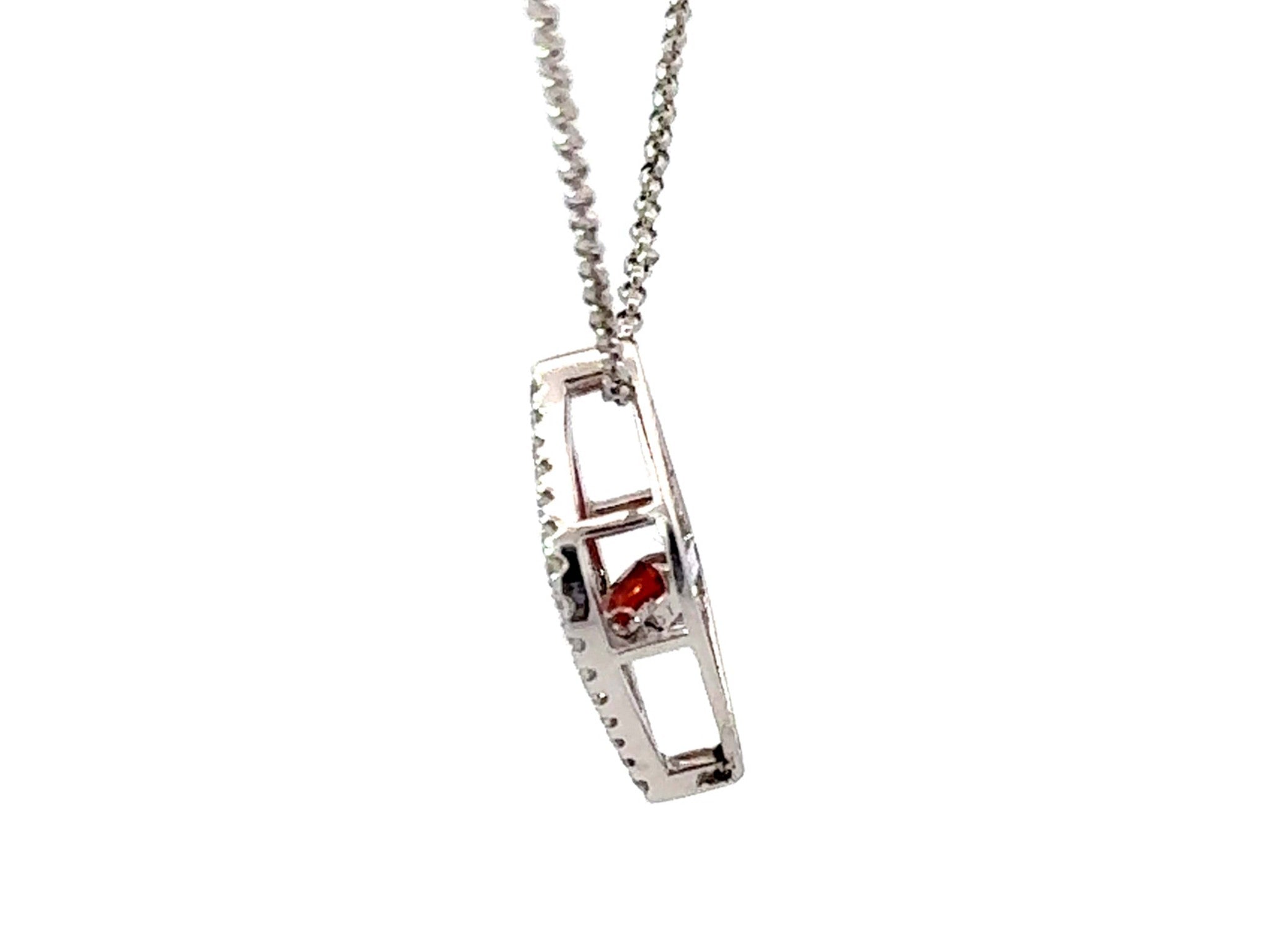 Round Red Orange Garnet Diamond Halo Flame Necklace 18k White Gold