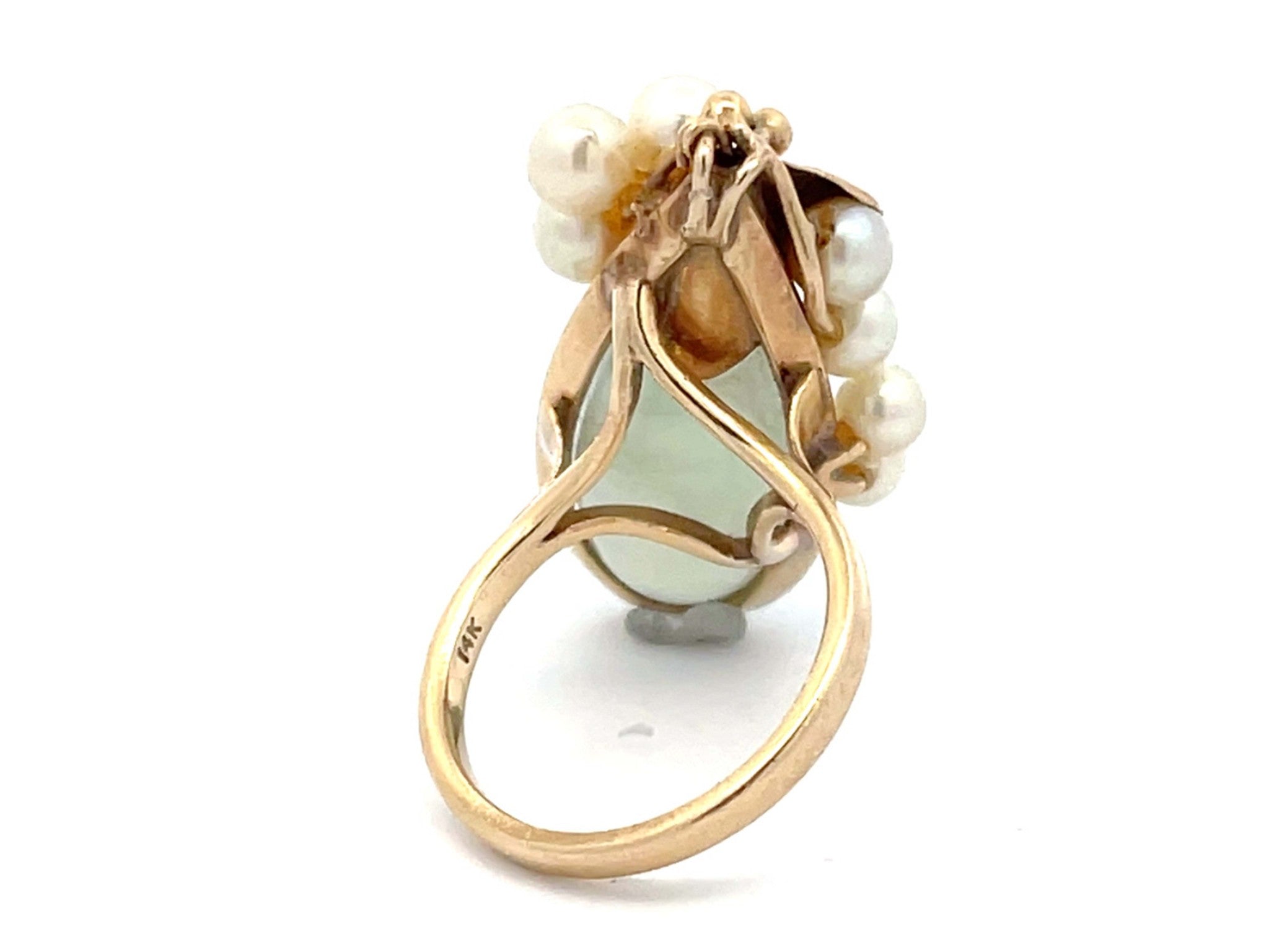 Mings Eggplant Shaped Jade and Pearl Leaf Ring in 14k Yellow Gold